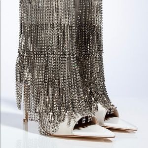 White Satin Stiletto with Metallic fringe detail